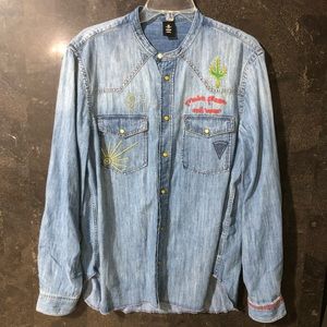 💫 “Make Pizza Not War” Embroidered Snap Denim Button Up